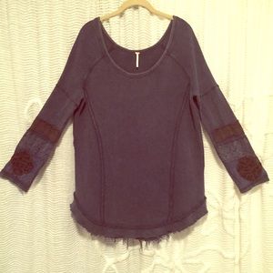 Free People Navy Sweater patchwork detail sleeve